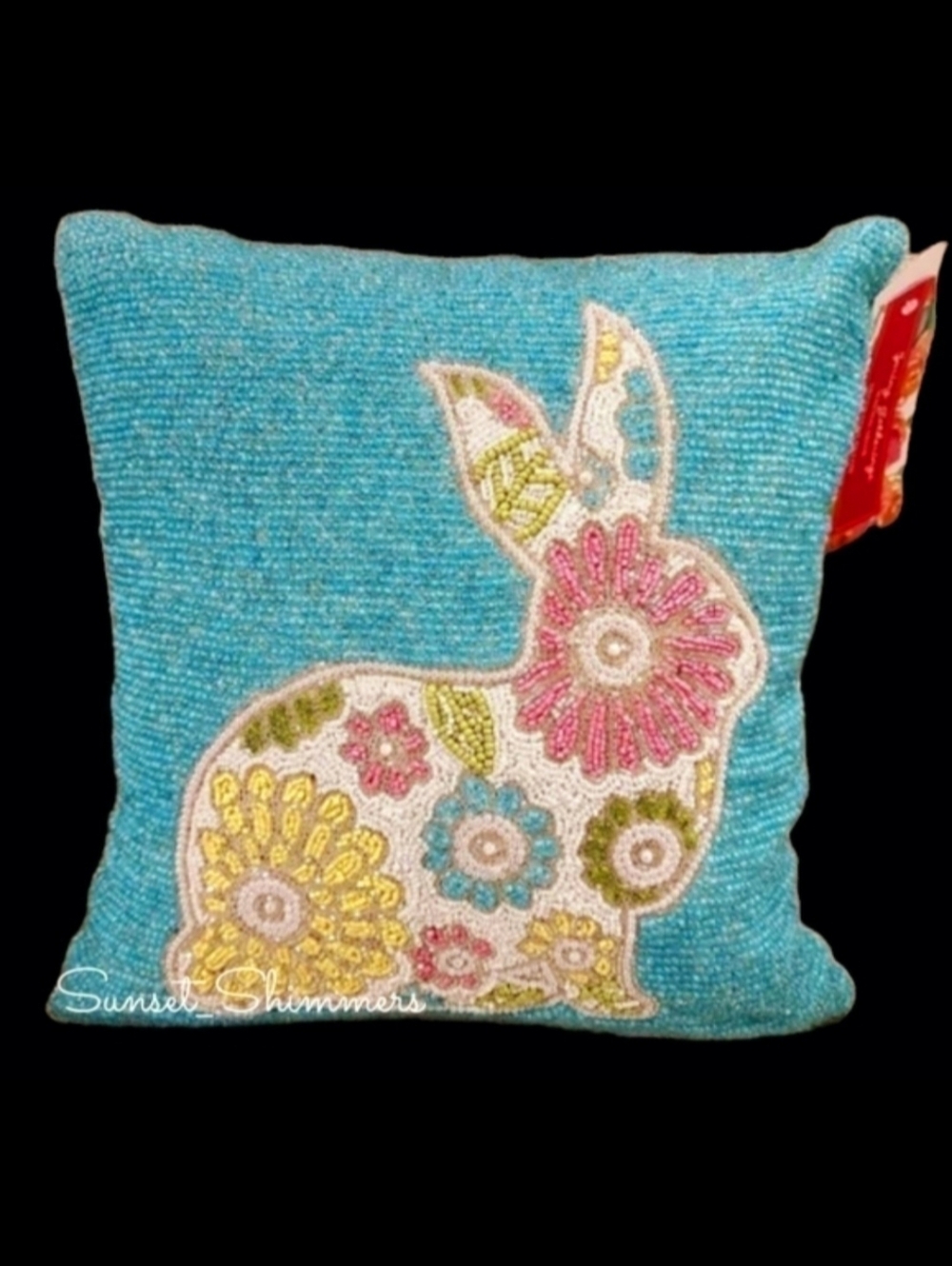 14" Sparkly BEADED Easter BUNNY RABBIT Floral Throw PILLOW Pink TURQUOISE